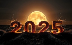 Цифры 2025 на песке на фоне солнца