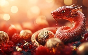 Красная змея с елочными игрушками на новый год 2025