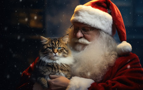 Дед мороз с красивым серым котом в руках