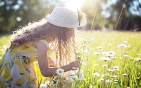 Маленькая девочка на поле с белыми ромашками