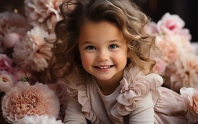 Маленькая улыбающаяся девочка в розовых цветах пиона