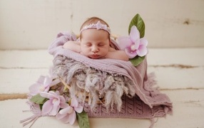 Спящая новорожденная малышка с цветами
