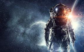 Астронавт в костюме на фоне луны