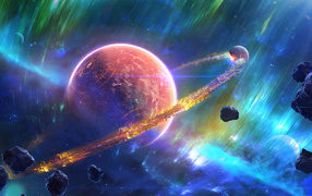 Большая планета с кольцами в космосе с астероидами