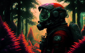 Мужчина астронавт в скафандре в лесу