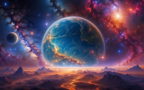 Млечный путь в небе над большой круглой планетой