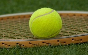 Ракетка и желтый теннисный мяч крупным планом