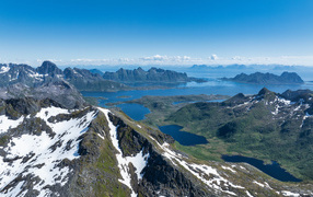 Вид сверху на Лофотенские острова  под голубым небом