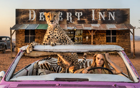 Актриса Кара Делевинь в розовом автомобиле с гепардом