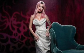 Актриса Меган Фокс в белом платье у кресла