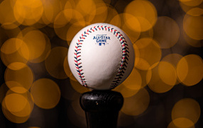 Бейсбольный мяч с битой на фоне бликов