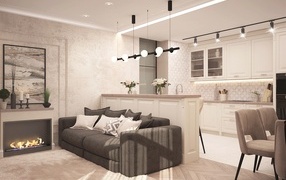 Светлая гостиная с камином и кухней