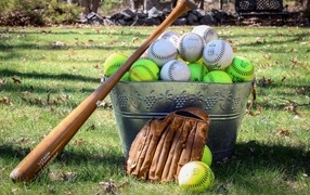 Ведро с бейсбольными мячами и битой