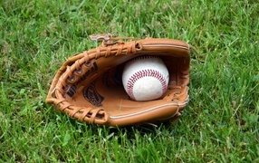 Перчатка и бейсбольный мяч на зеленой траве 
