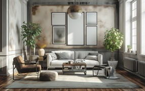 Большой серый диван в комнате с картиной на стене