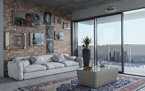 Large panoramic window in the living room with a gray sofa