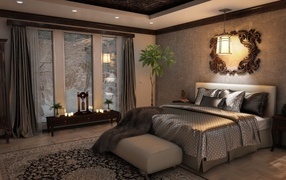 Large window in a bedroom in brown tones with a large bed