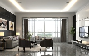 Большое окно в комнате с телевизором и мебелью 