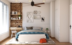 Белая мебель в спальне с большим окном