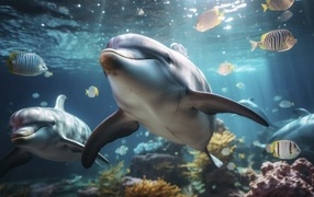 Дельфины и рыбы под водой