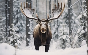 Большой рогатый лось в лесу зимой