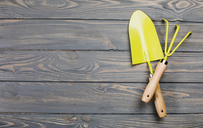 Желтые садовые принадлежности на деревянном фоне