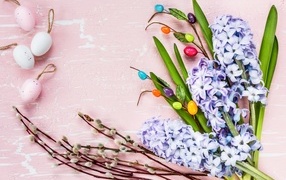 Цветы гиацинта с ветками вербы и яйцами на розовом фоне
