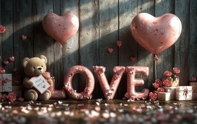 Игрушки, воздушные шары и надпись любовь у деревянной стены