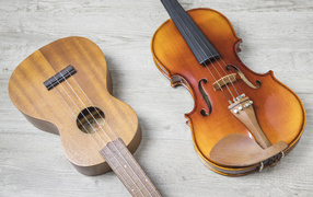 Скрипка и гитара на деревянном фоне