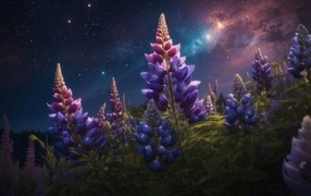 Цветы люпина под красивым ночным небом