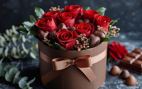 Красные розы в коробке с конфетами