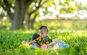 Маленький мальчик с игрушками в зеленой траве