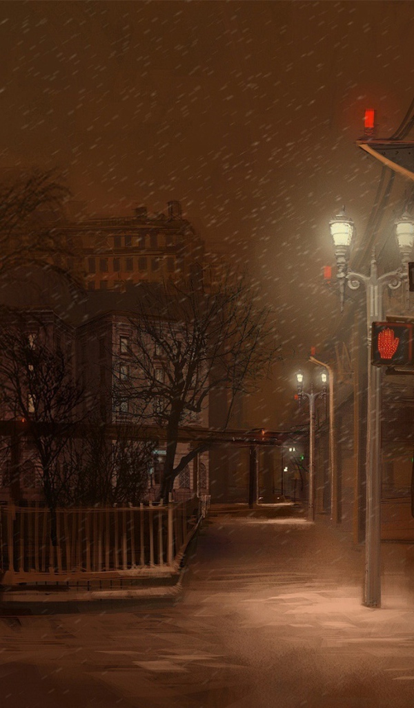 Мелкий снег на ночной улице