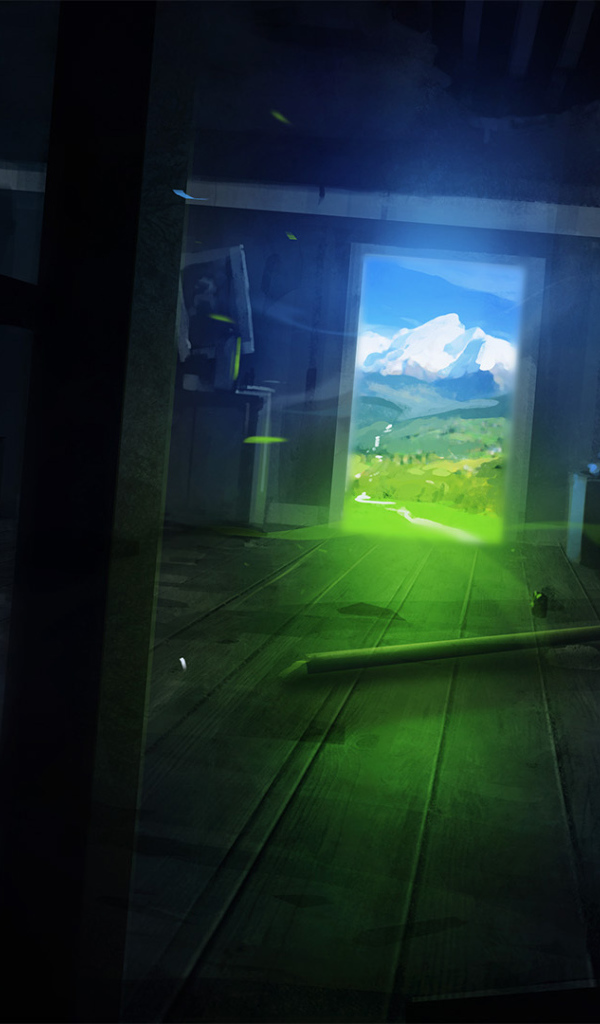 Темная комната с видом на горы