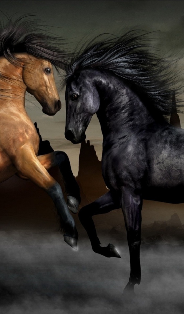 Две лошади черная и коричневая