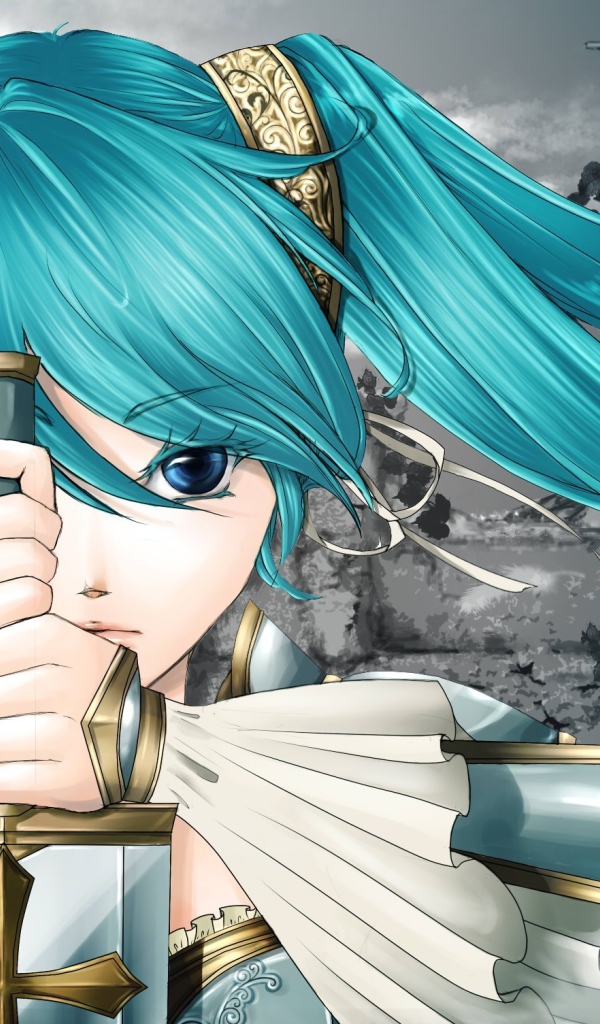 Девушка с голубыми волосами и мечом