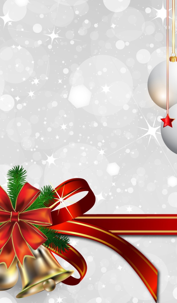 Колокольчики и ёлочные игрушки на белом фоне на рождество