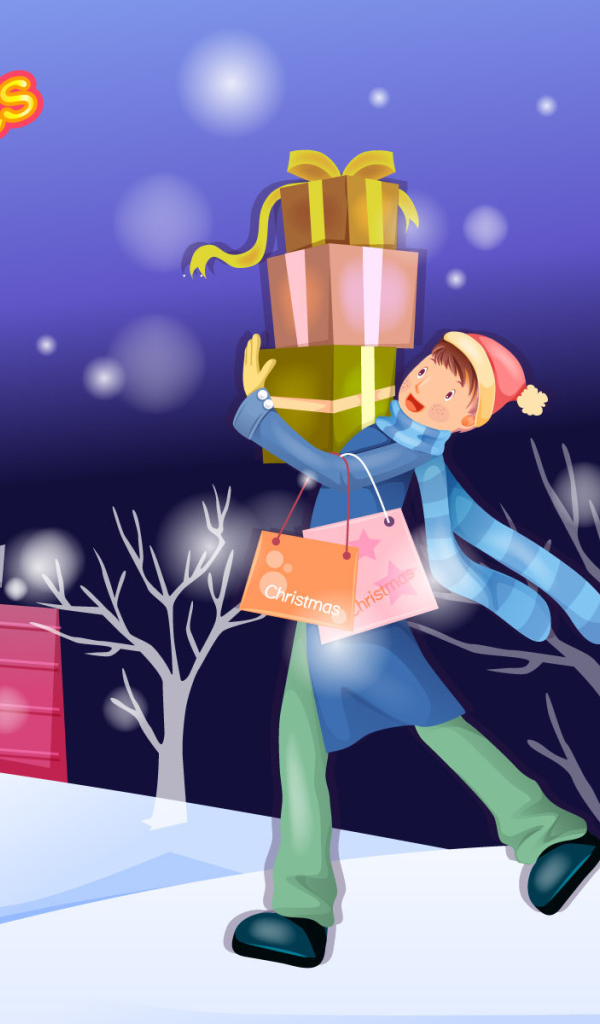 Мальчик идёт дарить подарки на рождество