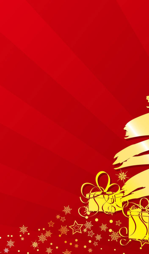 Золотистая ёлка на красном фоне на рождество