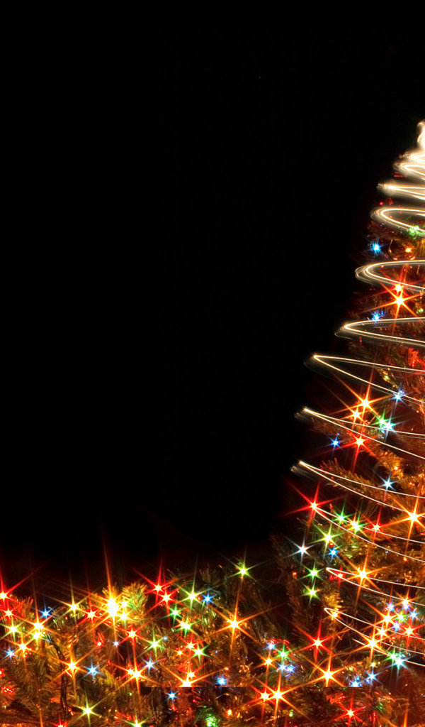 Огни и ёлка на рождество, чёрный фон