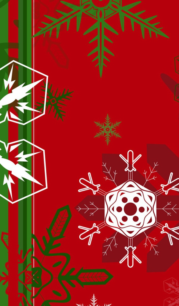 Snowflakes of different shapes on the green and red background on Christmas