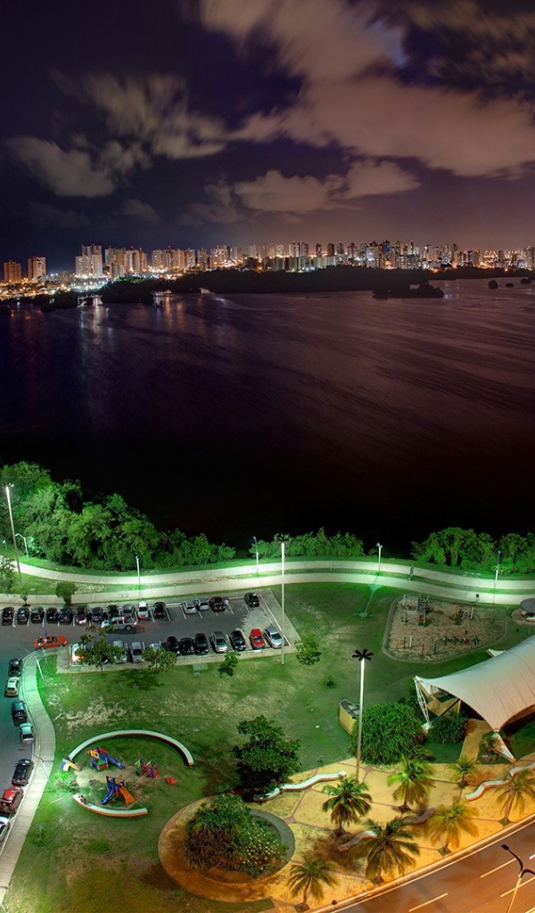 Ночной город вокруг залива