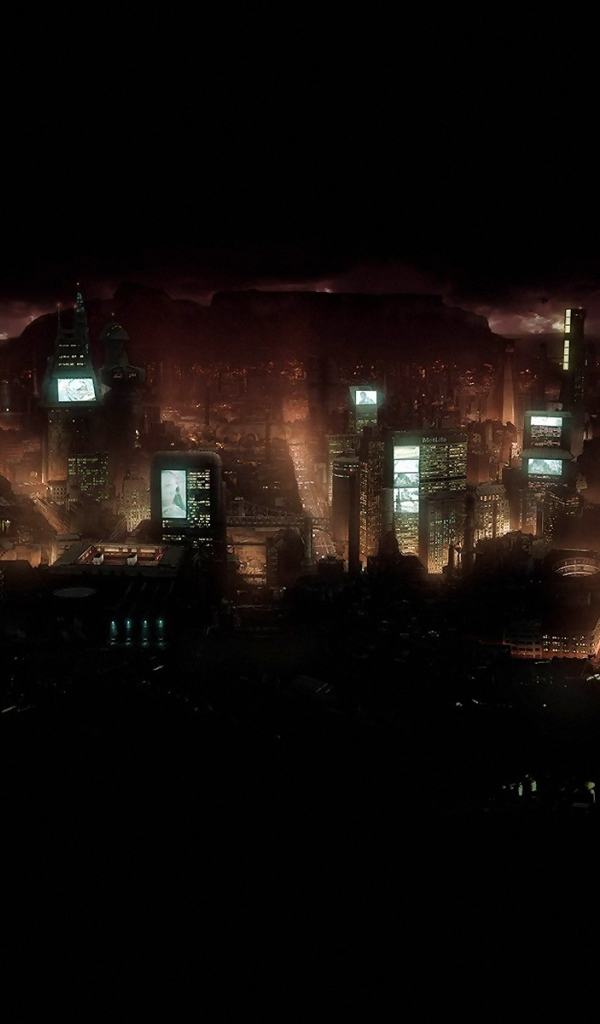 Ночной город с экранами на домах