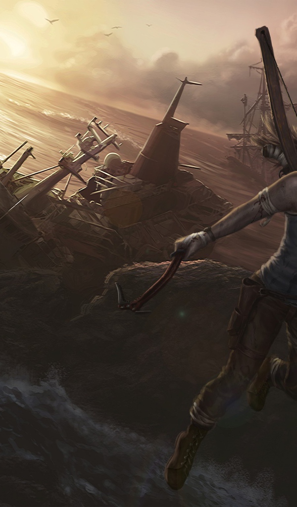 Девушка с луком висит на скале