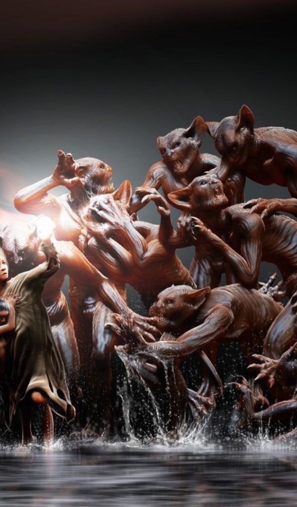 Женщина защищает ребенка от монстров