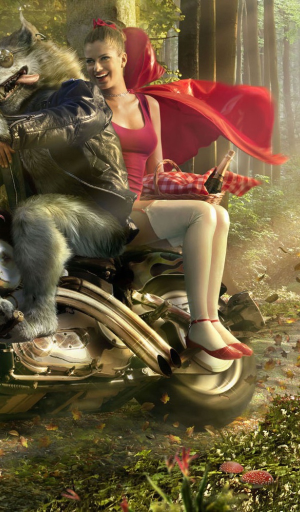 Волк с Красной шапочкой на мотоцикле