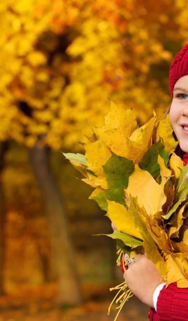 Cute baby girl is holding autumn leaves