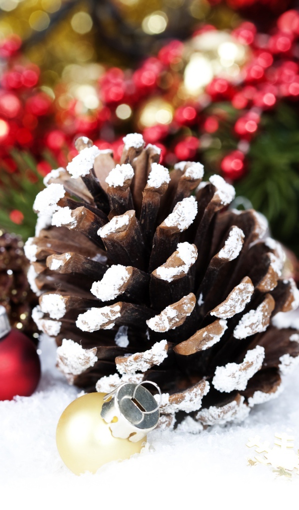 Шишка и игрушки на снегу