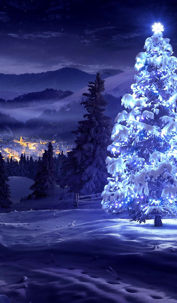 Новогодняя елка в синих огнях
