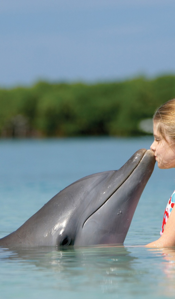 Девочка целует дельфина
